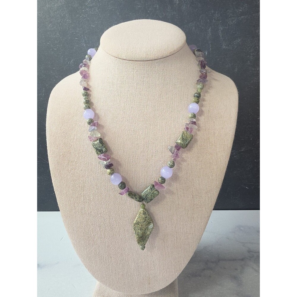 925 Sterling Silver Fluorite Serpentine Beaded Pendant Necklace Toggle Closure